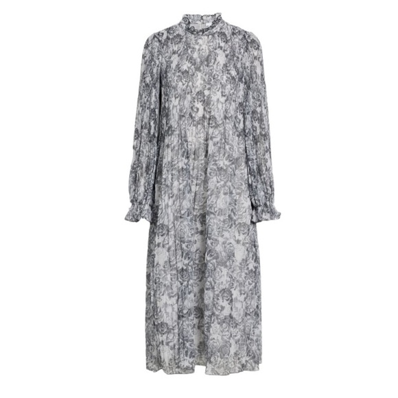 Ganni Floral Print Plisse Crepe de Chine Midi Dress Phantom Gray Size 36 NEW - Picture 1 of 16